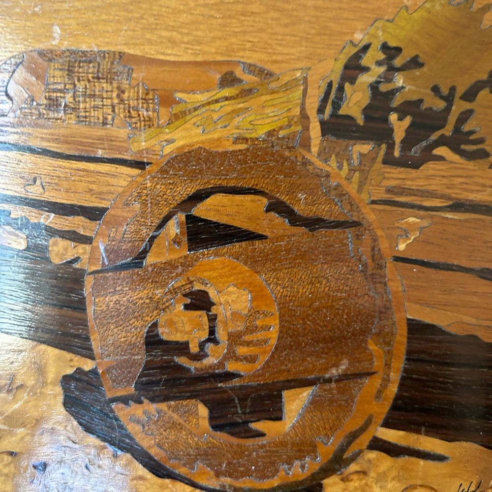 Vintage framed marquetry wood art brown tan man dog cart Jesus Salmon lot of two - Picture 5 of 9